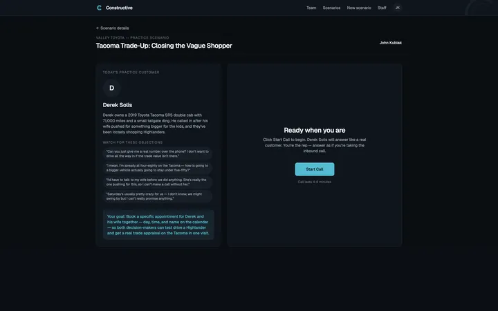 Constructive practice screen rebuilding a real call as an AI customer